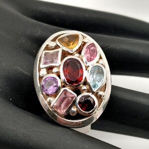 Multi Gemstone Aquamarine Amethyst Garnet Citrine Ruby Sterling Silver Ring 6.75